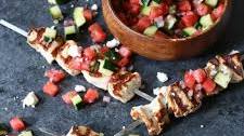 Grilled Chicken Skewers with Watermelon Salsa and Feta