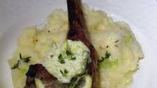 Grilled Double-Cut Lamb Chops, Green Garlic Herb Butter, Green Garlic Mashed Potatoes