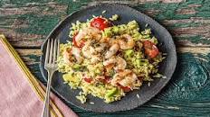 Lemon Basil Shrimp Skewers with Orzo and Avocado Salad