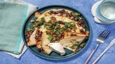 Mexican Smashed Beef-Black Bean & Veggie Quesadillas with Sour Cream & Tomato Salsa