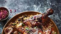 Moroccan-spiced lamb shoulder with onions and freekeh