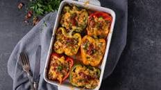 Peppers stuffed with ground pork, couscous and bacon