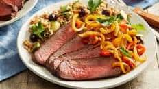 Roasted Beef & Farro Salad with Sweet Peppers, Summer Squash, & Olives