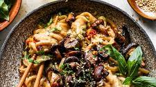 Saucy Peanut Noodles with Roasted Mushrooms