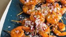 Smoked Paprika and Garlic Shrimp Skewers with a Fresh Confetti of Radish