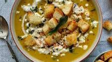 Spiced Roast Pumpkin Soup With Garlic Croutons, Feta & Crispy Fried Sage