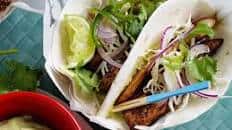 Spiced fish tacos with slaw and avocado cream