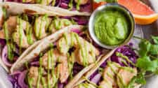 Spicy Orange Shrimp Tacos with Fennel Slaw & Avocado Cilantro Cream