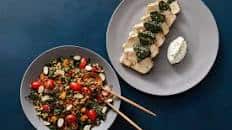 Spinach & Goat Cheese-Stuffed Pork Roast with Tzatziki & Warm Farro Salad