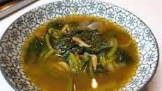 Spinach miso soup with barley shrimp..