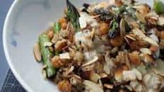 Stir-Fried Chickpeas and Asparagus with Brown Rice and Lemon Tahini Dressing