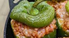 Stuffed Green Peppers with Farro and Sausage in a Sungold Cherry Tomato Sauce