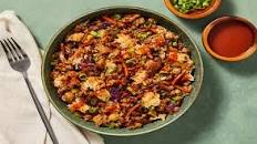Sweet & Spicy Pork Fried Rice with Cabbage, Carrot, Scallions & Hot Sauce