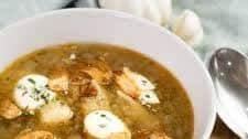 Rosemary Potato Soup With Balsamic Vinegar, Creme Fraiche, and Garlic Chips