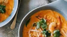 Spicy Red Curry and Coconut Noodle Soup with Shrimp