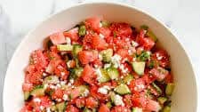 Watermelon Salad with Cucumber, Feta and Honey-Lime Dressing