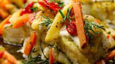 Baked Fish with Stir Fry Veg and Dill Sauce