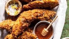 Baked Hot Honey Mustard Pretzel Chicken Fingers.