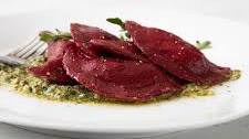 Beet Ravioli with Chuck Roast and Walnut Arugula Pesto