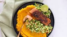 Blackened Cajun Salmon with Sweet Potato Mash and Cucumber Salsa