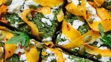 Butternut Ribbon Goat Cheese Pizza with Arugula-Pepita Pesto