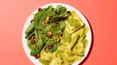 Butternut Squash Ravioli with Pesto & Spinach Salad with Toasted Walnuts