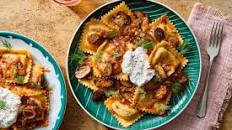 Caramelized Onion Beef & Wine Ravioli with Mushrooms & Horseradish Cream