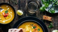 Carrot soup with ginger, hot pepper and coconut milk