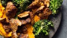Chicken livers with carrot mash and crispy kale