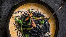 Coconut Curry Noodles with grilled pickled vegetables
