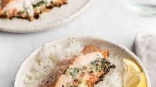 Creamy Spinach and Roasted Red Pepper Stuffed Salmon