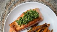 Crispy Salmon with Coriander Lime Pesto (and sweet potato chips)