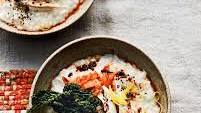 Ginger chicken congee (rice porridge) with kimchi