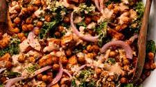 Kale Sweet Potato Salad with Crispy Chickpeas, Pickled Red Onion & Spicy Tahini Ranch