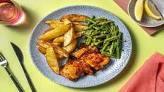 Maple-Mustard Glazed Tofu with BBQ-Spiced Wedges and Green Beans