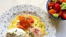 Omelette With Cottage Cheese, Smoked Salmon And Home Pickled Onions