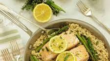 One Pan Salmon with Lemony Rice and Yogurt Herb Sauce