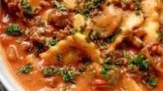 One Pot Ravioli in a Creamy Tomato Beef Sauce