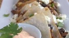 Oxtail Tacos with Roasted Corn Relish & Sriracha Dipping Sauce
