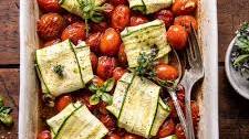Pesto Cheese Zucchini Ravioli with Burst Tomatoes