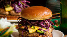 Pork Teriyaki Peanut Butter Burgers with Pickled Pineapple & Cabbage Slaw