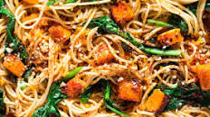 Pumpkin, spinach and walnut spaghetti