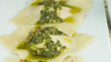 ROASTED SWEET POTATO RAVIOLI WITH CILANTRO ALMOND PESTO