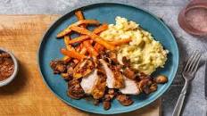 Roast Chicken Breast with Mushroom Vin Sauce, Roasted Carrots and Garlic Mash