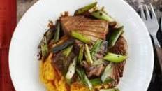 Seared soy tuna steaks with spring onions & a ginger sweet potato mash