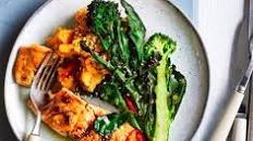 Sesame salmon, purple sprouting broccoli & sweet potato mash