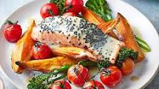 Sesame sweet potato & salmon bake
