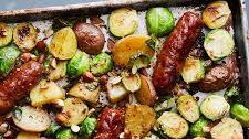 Sheet-Pan Sausages and Brussels Sprouts With Honey Mustard