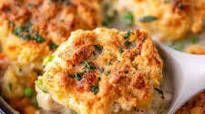 Skillet Chicken Pot Pie with Garlic Cheddar Biscuits