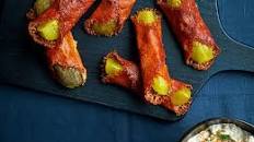 Spicy cheese and pickle wraps with crunchy pickle dip